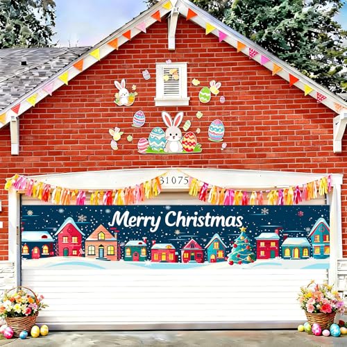 Image of Christmas Village Banner 78.7 x 17.7 Inch Snowy Town Scene with Colorful Houses and Tree Design Holiday Decoration for Yard Garden Fence Porch Patio Wall or Outdoor Display Perfect for Winter Celebration Decor