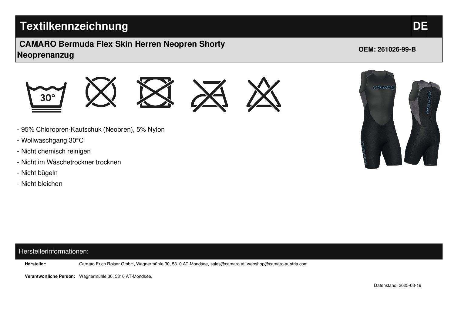 CAMARO Bermuda Flex Skin Herren Neopren Shorty Neoprenanzug