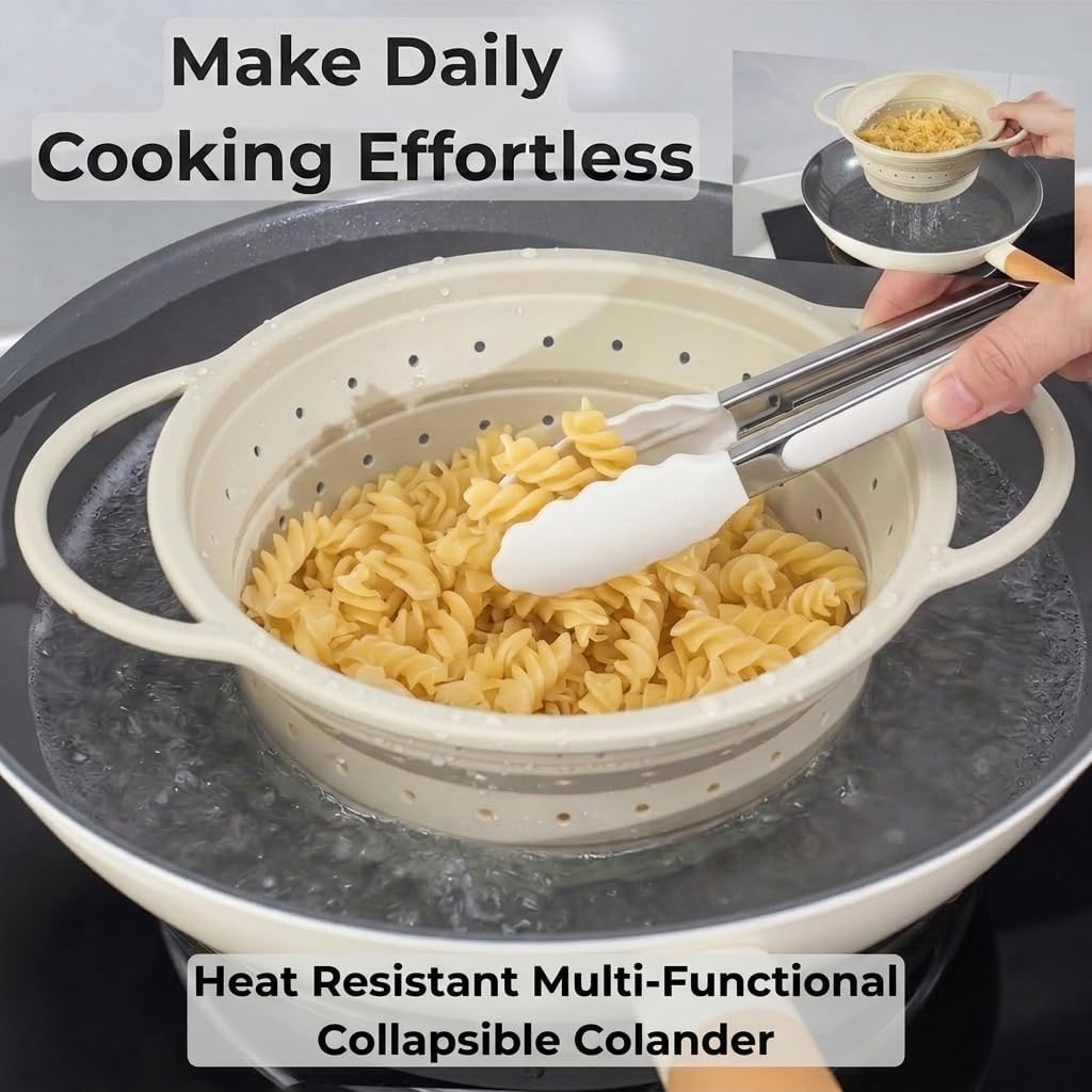 Collapsible Colander Set of 3 Silicone Strainers with Tongs, BPA-Free Heat-Resistant, Space-Saving Design, Stainless Steel Rim, Dishwasher Safe, 1 x 2QT & 2 x 4QT (Pink, Sage Green, Cream)