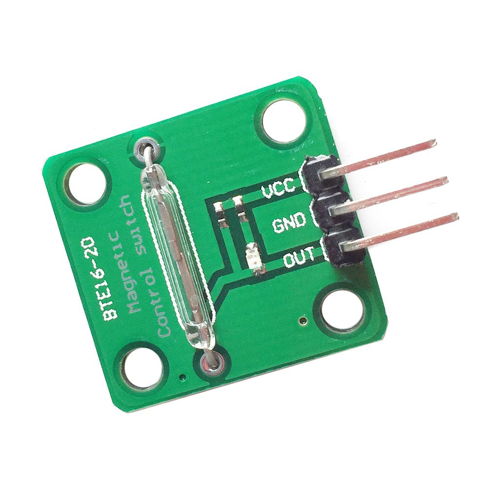 Close-up of DollaTek Magnetic Reed Switch pins: VCC, GND, OUT