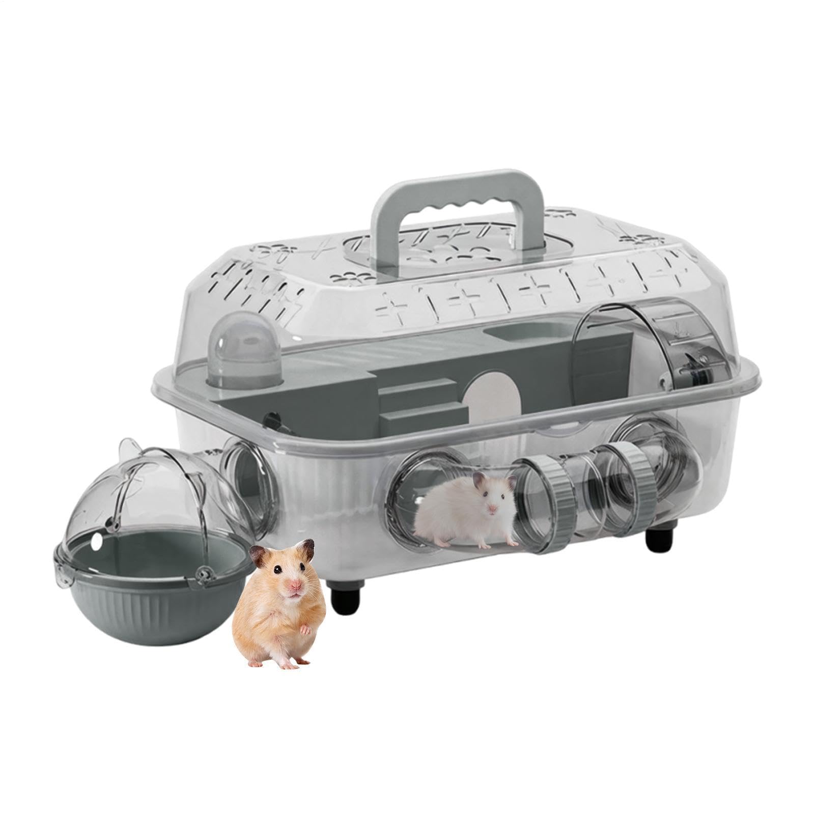 2-stöckiger Hamsterkäfig mit Tunnel & leisem Laufrad: Transparenter Reisekäfig für Zwerghamster & Mäuse – Kompaktes Kleintierheim 37x25x22cm für Unterwegs & Zuhause