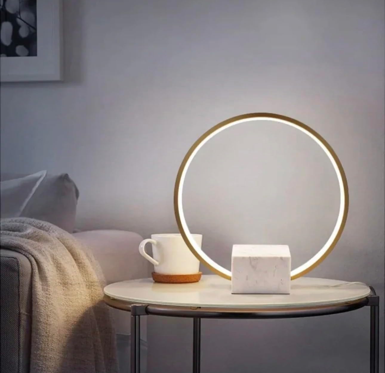 Modern Ring Table Lamp, Circular LED Accent Light with Marble Base, Dimmable 3-Color Temperature (3000K/4000K/6500K), Gold Finish, Decorative Lighting for Living Room, Bedroom, Nightstand