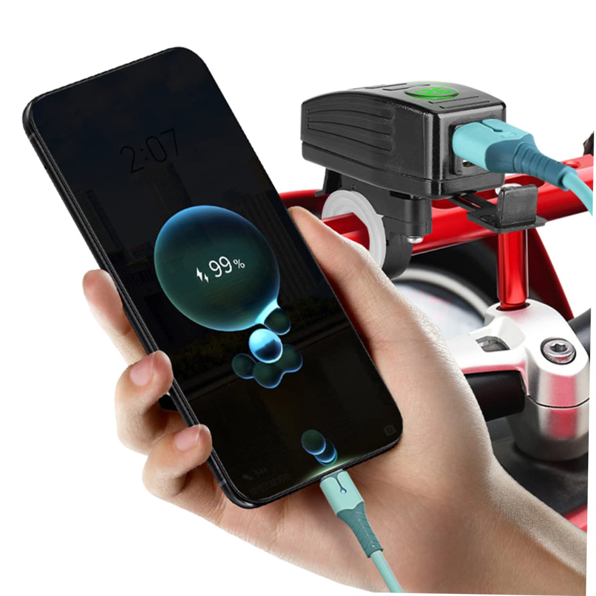 BUGUUYO Motorcycle Charger Adapter Dual Ports Handlebar Phone Charger Digital Display for Navigation and Mobile Devices and Material