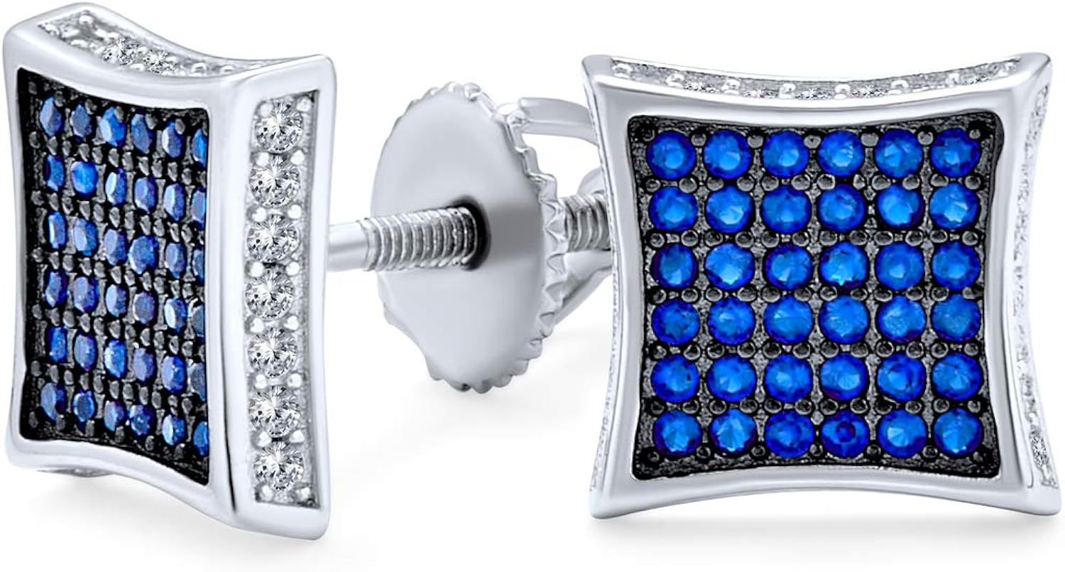 Blue White Cubic Zirconia Micro Pave CZ Square Stud Earrings For Men Simulated Sapphire Sterling Silver Screw back 9MM