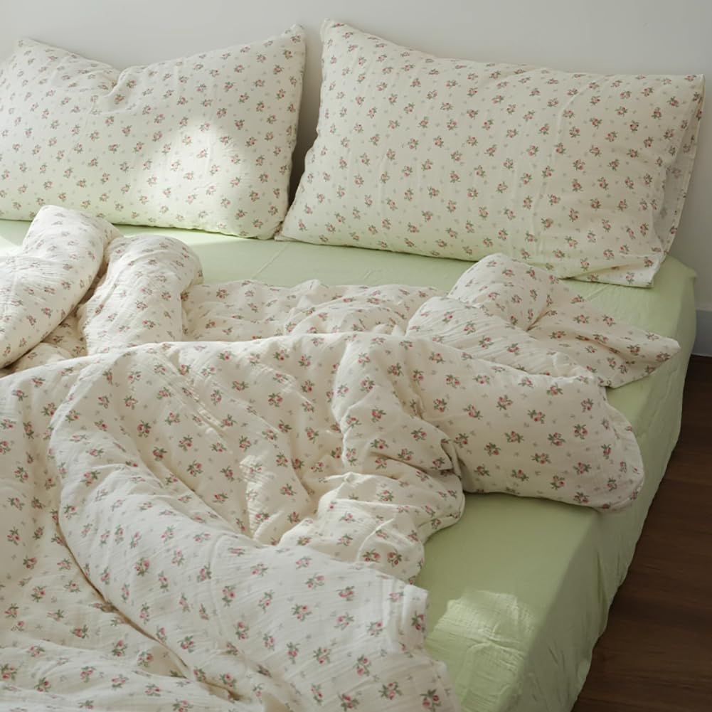 AShanlan Doppelte Musselin Bettwäsche 200x200 cm Baumwolle Rosa Blumenmuster Bettwäsche-Sets ÖKO-TEX Zertifizierte 1 Bettbezug und 2 Kissenbezüge 80x80 cm mit Reißverschluss