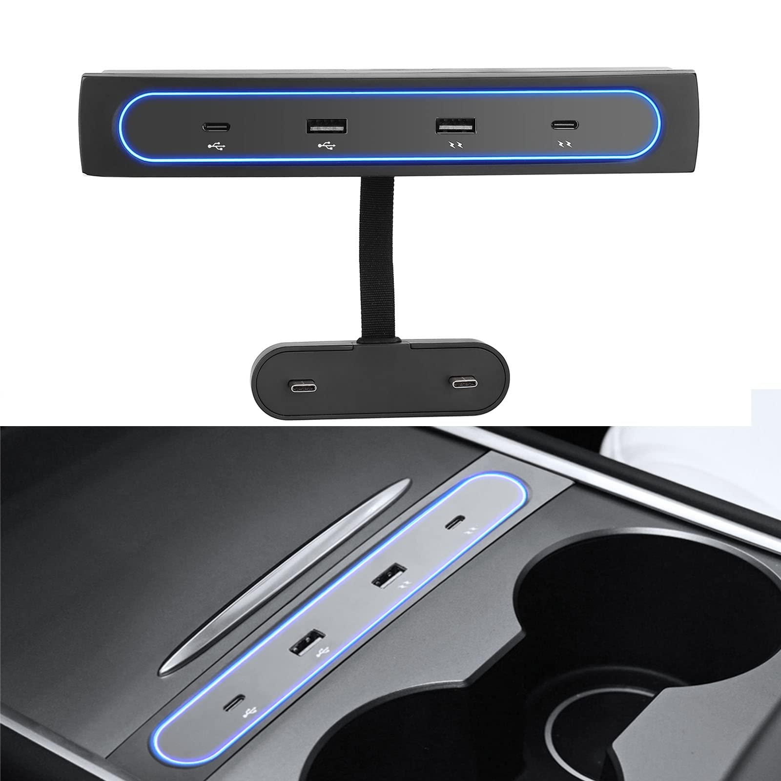 KASTWAVE for Tesla Model Y / 3 Docking Station 4 in 1 USB LED Hub, Compatible Docking Station of Center Console HUB Adapter Multiport Cable Extension Accessories