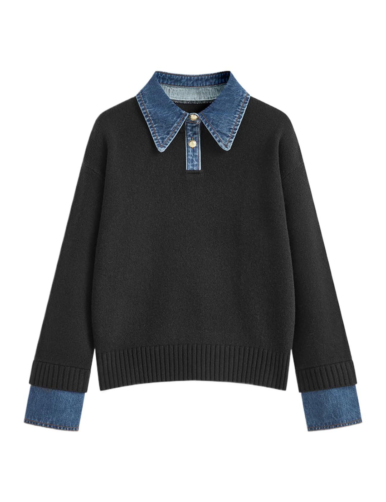 hathne Womens Oversized Polo Sweater Button Up Denim Lapel Pullover Sweater Long Sleeve Collared Knit Top