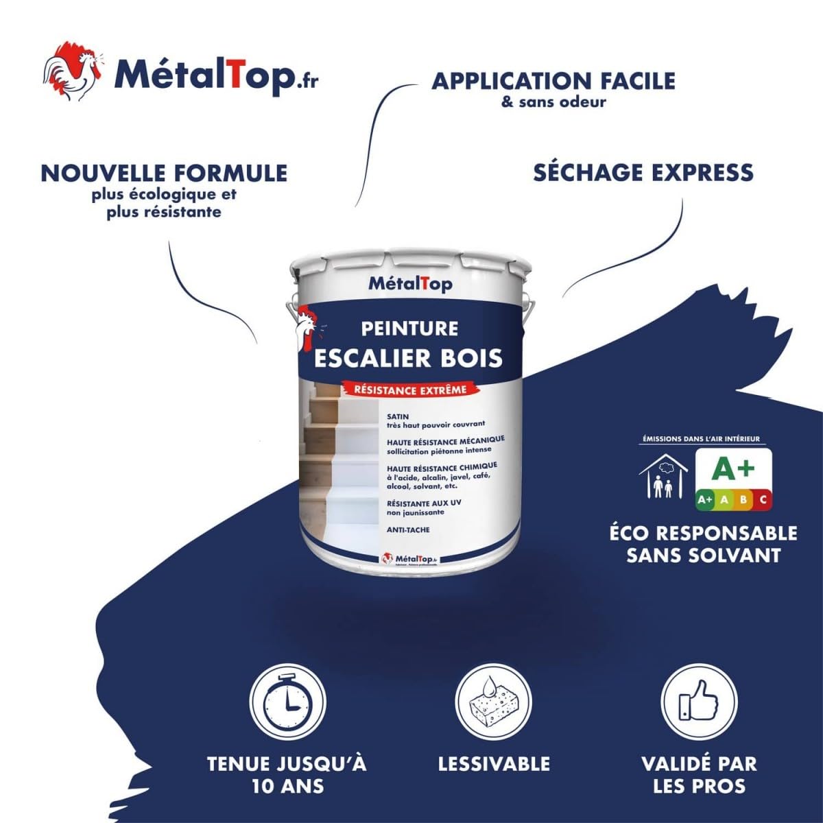 Metaltop - Peinture Escalier Bois - Noir signalisation - RAL 9017-1 L - Résistance extrême pour escaliers très sollicités, privés ou pros.
