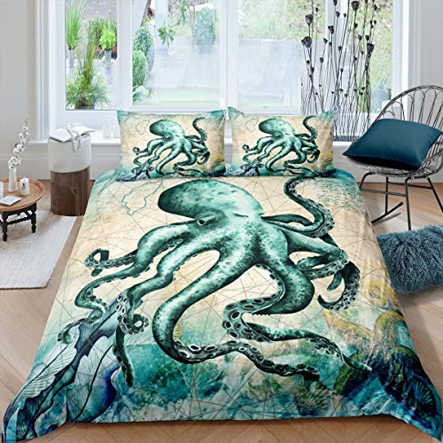 LRUD Unterwassertier Octopus Bettwäsche 155X220, Krake Kinderbettwäsche, 3D Octopus Bettbezug Set + 1 Kissenbezug 80x80 cm (C,135x200cm+75x50cm x 1)