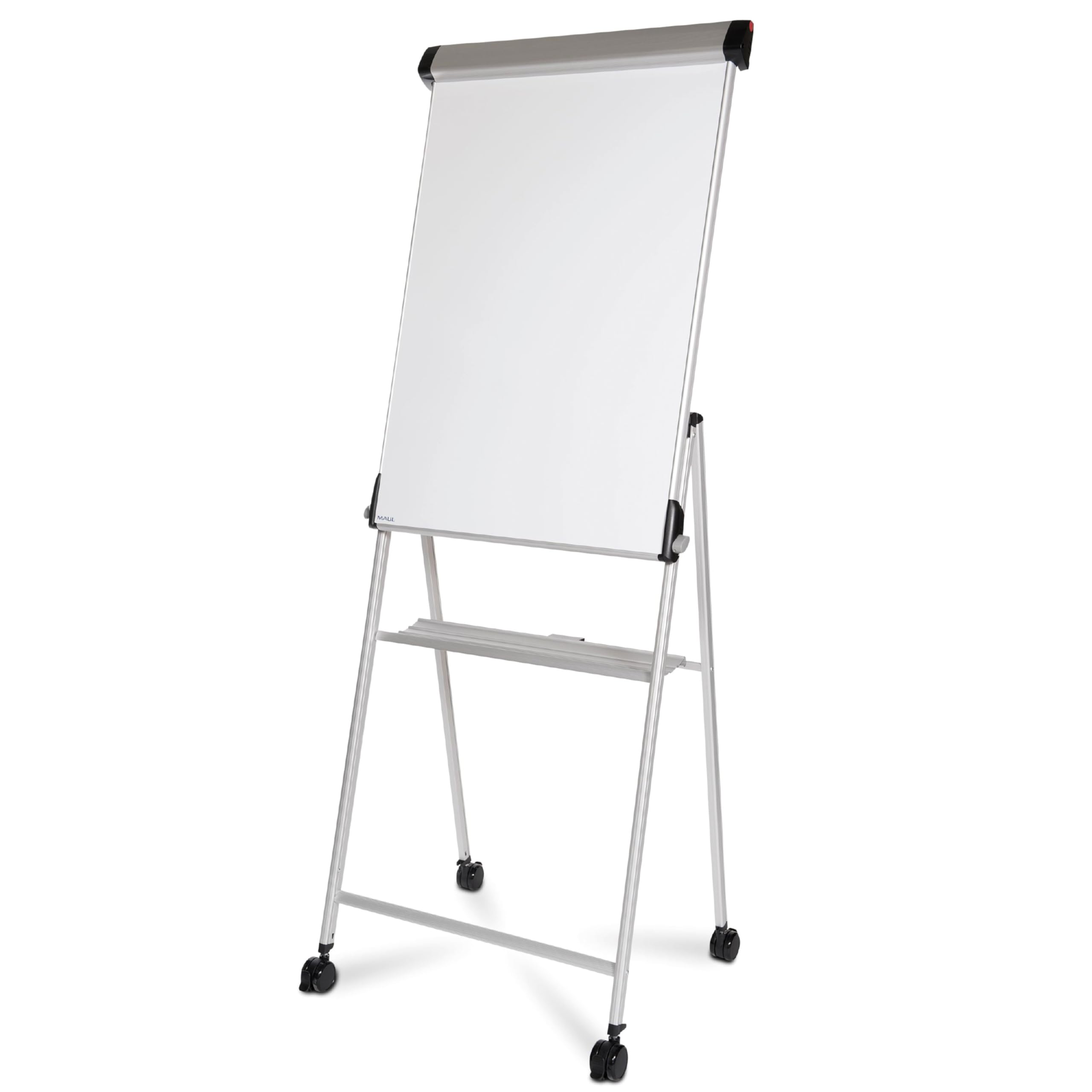 MAUL Flipchart mobil silber MAULpro stufenlos verstellbar auf Rollen | stabiler Alurahmen, flexible Arbeitshöhe, magnethaftende Schreibfläche, trocken abwischbar, breite Ablageschale