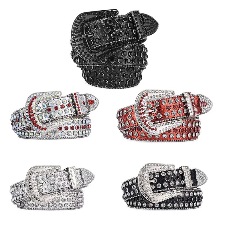 XIAO HUAWide Leather Belt for Women,Punk Rock Y2K Western Cowboy Style with Rhinestones & Rivets, Geometric Pin Buckle, Belt for Jeans,49.21in(White AB Blue)3