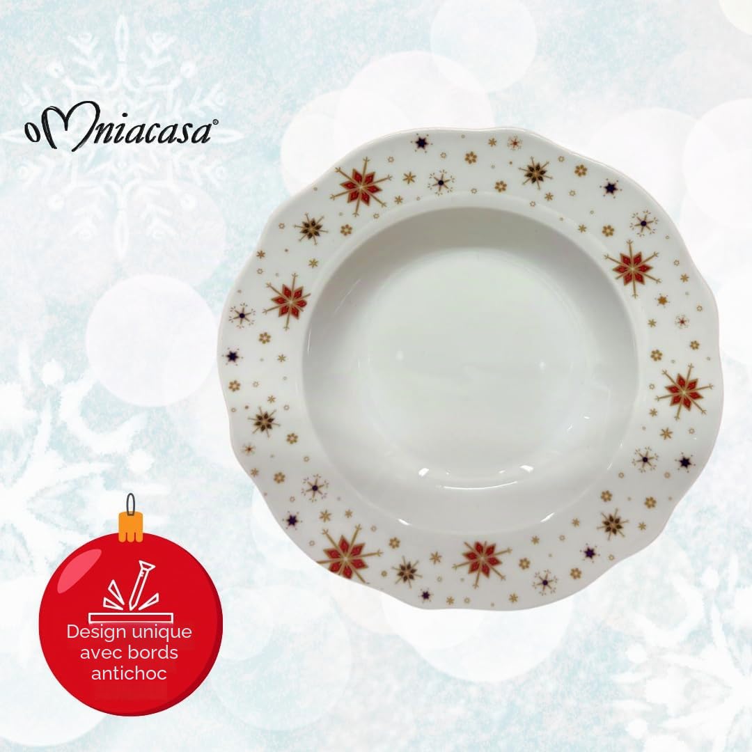 Service de Vaisselle de Noël en Porcelaine pour 6 Personnes avec Verres : 24 Pièces, Décorations avec Sapin de Noël Casse-Noix et Étoiles, Rouge et Blanc, Compatible Lave-Vaisselle et