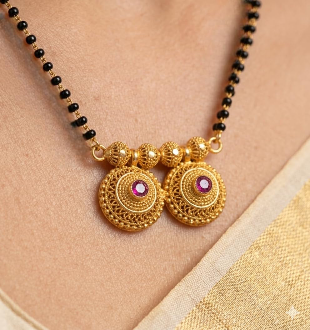 Harishree Enterprise Ethnic Artificial Gold Jewelery | Short Single Strand Black Bead Mangalsutra with Black Beads Womens & Girls-image-32