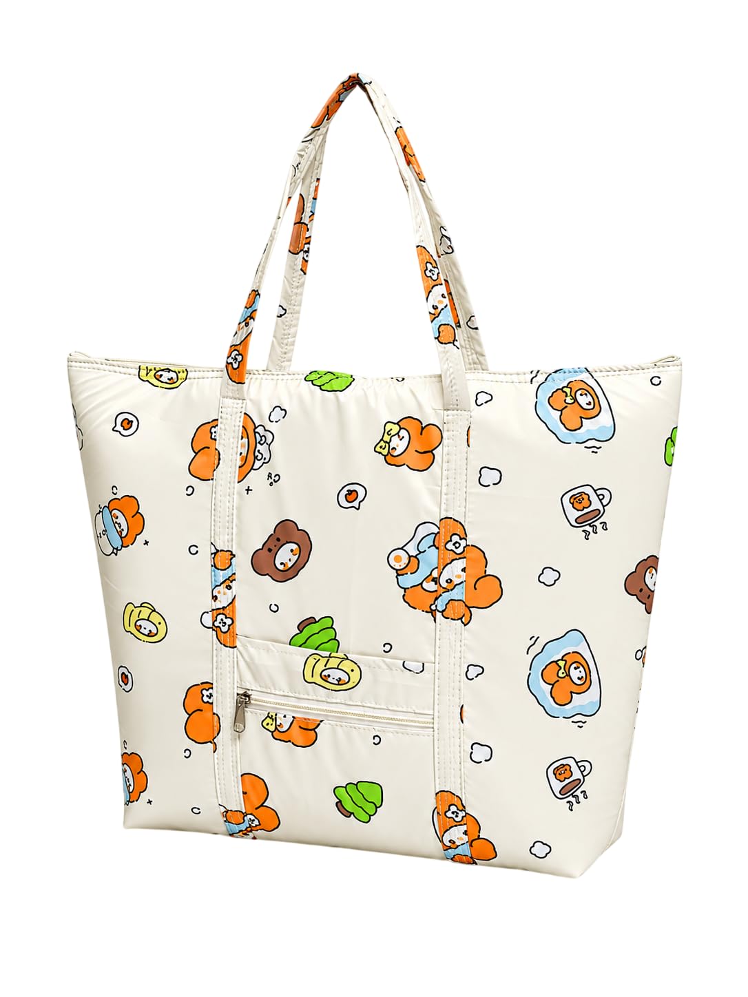 Foldable Travel Tote Bag for Women | Cute White Cartoon Print | Waterproof, Lightweight, Large-Capacity Shoulder Bag with Zippered Pocket for College, Office, Gym, Shopping & Daily Use-picture-41