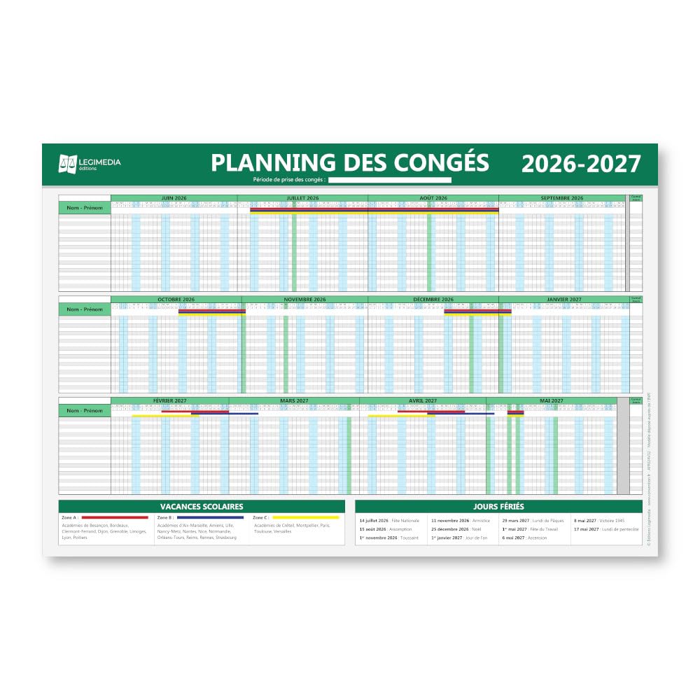 Ordre des départs en congés – Panneau d'affichage obligatoire - Plastifié et effaçable - Juin 2026 à Mai 2027 - Kit de fixation inclus (pastilles adhésives) - Fabriqué en France