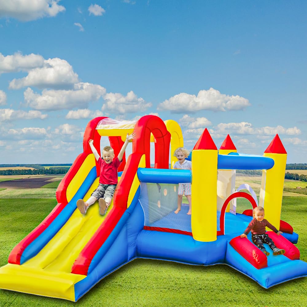 Ballsea Castillo hinchable, castillo hinchable con tobogán largo, zona de juegos para interior y exterior, certificado de seguridad, varias zonas de juego, para niños de 3 a 10 años, 375 x 305 x 195