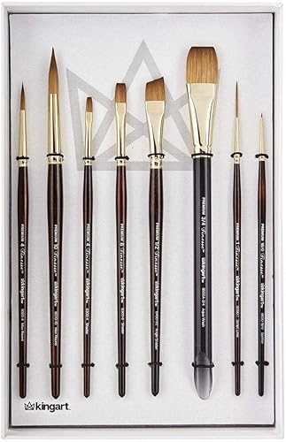 KINGART 1010A Premium - Juego de 8 pinceles para acuarelas delicadas, color sable Kolinsky sintético para acuarela, gouache, óleo y pinturas