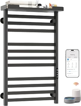 ENZE Smart Heated Towel Rack with Shelf, 11-Bar Wall-Mounted, Gray