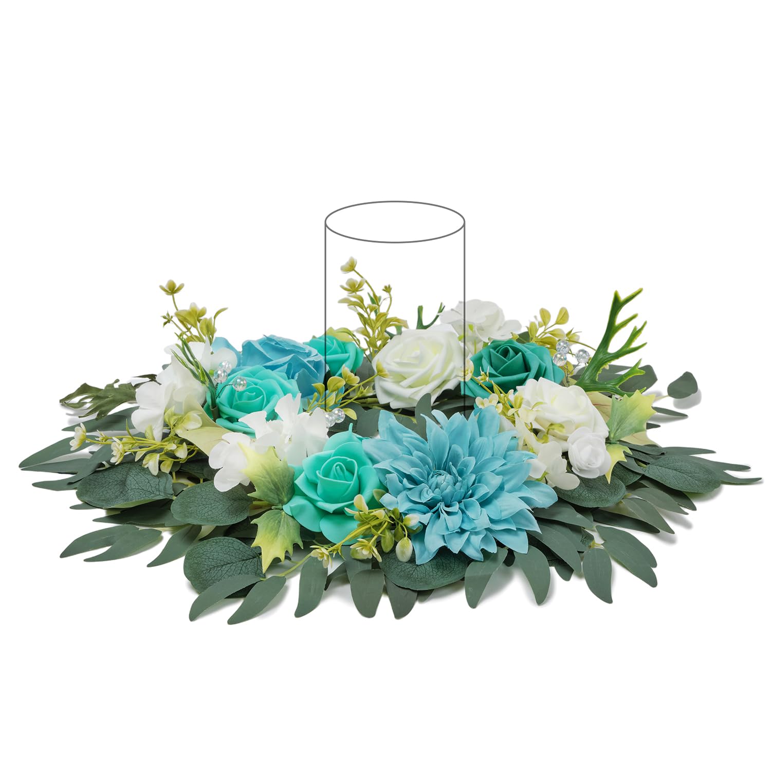 TINGE TIME Aritificial Flowers Candle Rings, 1 Pcs 15inch Diam Teal Blue Fake Rose Wreath Wedding Centerpieces for Tables Summer Garland for Front Door Weddings Party Ceremony Decor