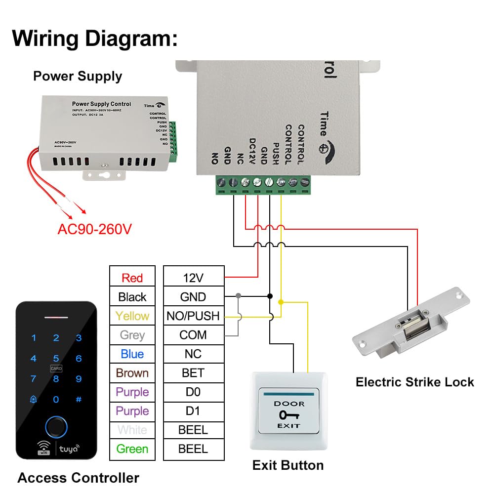 Kit Sistema di Controllo di Accesso WiFi Tuya Impermeabile di Impronte Tastiera RFID 125KHz 13.56MHz con Serratura Elettrica Della Porta, Alimentatore DC12V + 10pcs Portachiavi