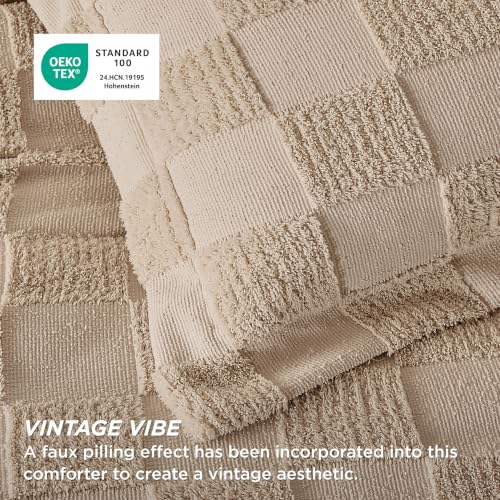 Image of Bedsure Full Size Comforter Set Khaki, Boho Tufted Bed Set, Checkered Farmhouse-Style Distressed Vintage Bedding, 3 Pieces, 1 Plaid Geometric Comforter and 2 Pillow Shams