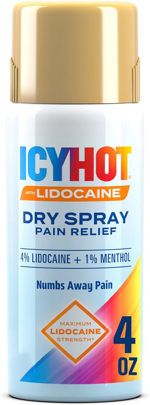 Lidocaine Pain Relief Dry Spray, Numb Aggravated Nerves with Max Strength Lidocaine 4% and Menthol 1%, Fast-Acting Pain Relief for Minor Pain, Backaches, Sprains and Strains, 4 oz