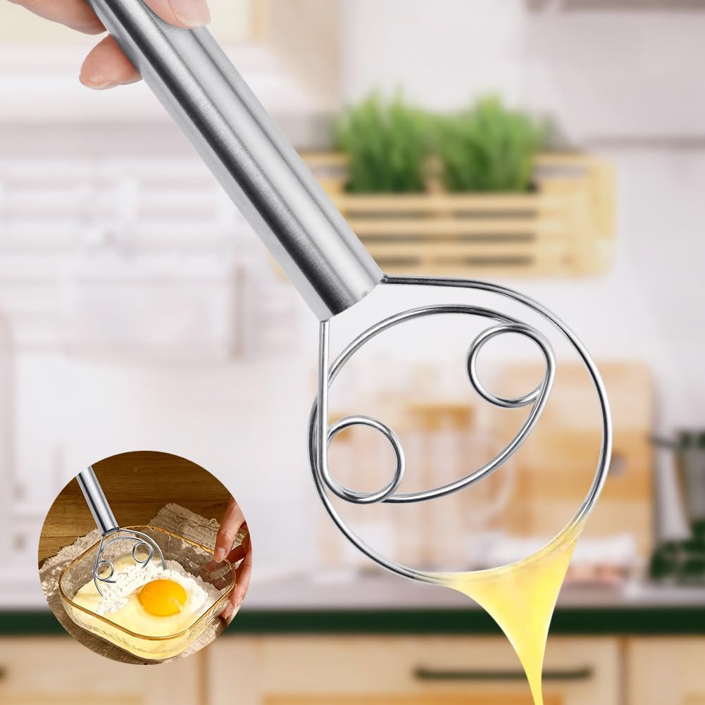 HOTUT Batidor Danés,Mezclador de Masa Manual,Batidora Danesa Manual,Batidor Manual de Huevos Profesional Acero Inoxidable,Barillas Batir Manual,Varillas Cocina para Hornear Pan Masa Galletas Pizza