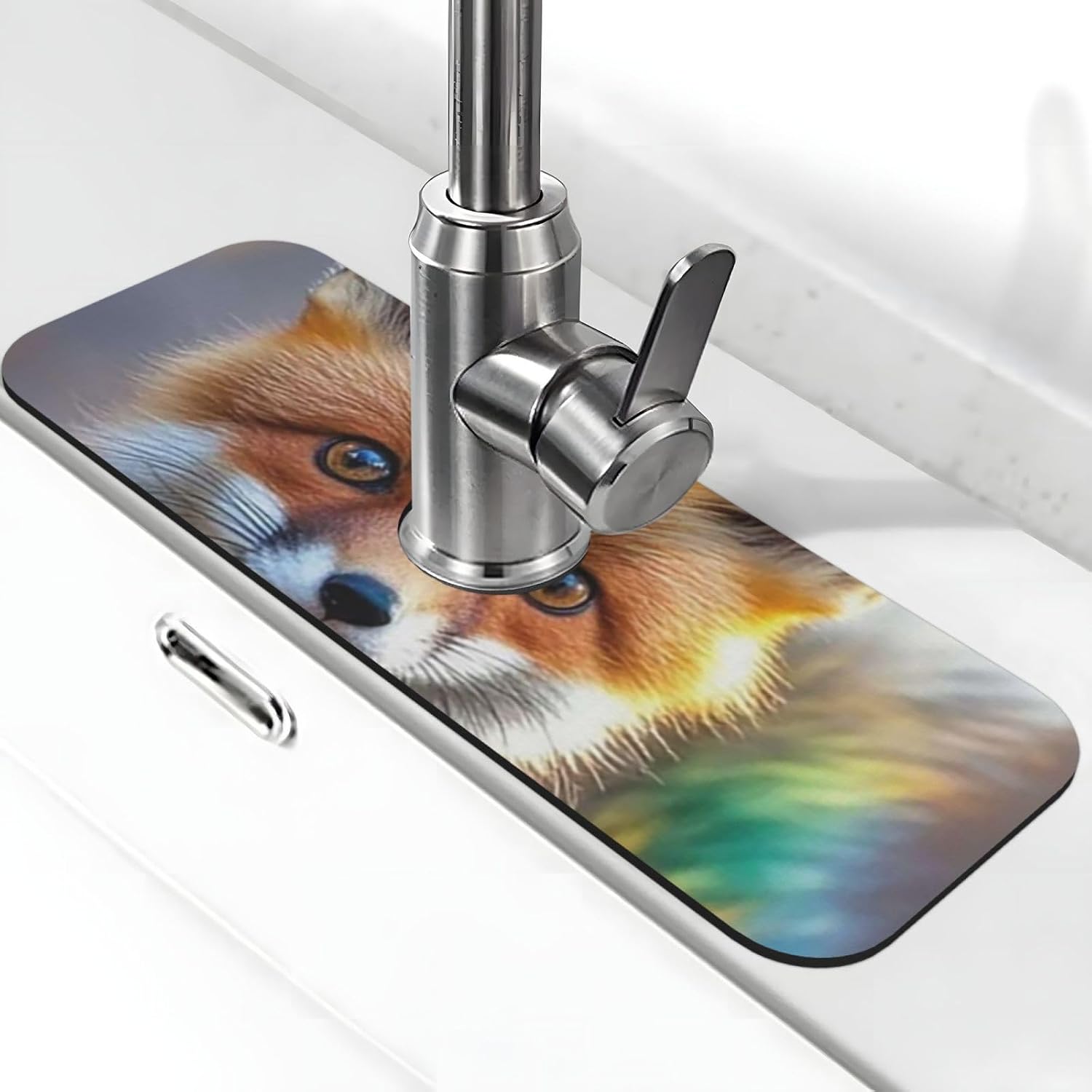 Splash Guard Mat For Kitchen Sink , Super Absorbent Fast Drying Faucet Mat Cute Fox Draining Mats Sink Gadgets Behind Faucet Sinkmat For Kitchen Bathroom 15"X5.5"