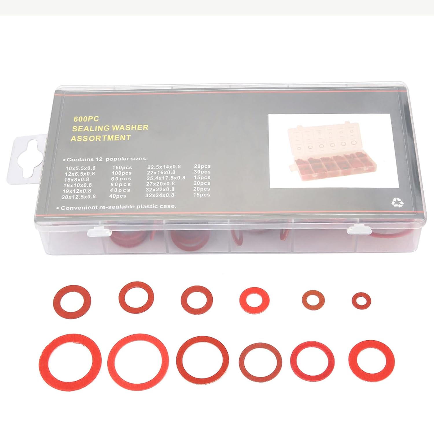 600Pcs Fiber Washers, 12 Sizes Insulated Fiber Washers Assortment, 0.8mm Thick Red Steel Paper Washer, Insulation Washer Assorted with Storage for Electrical Connections