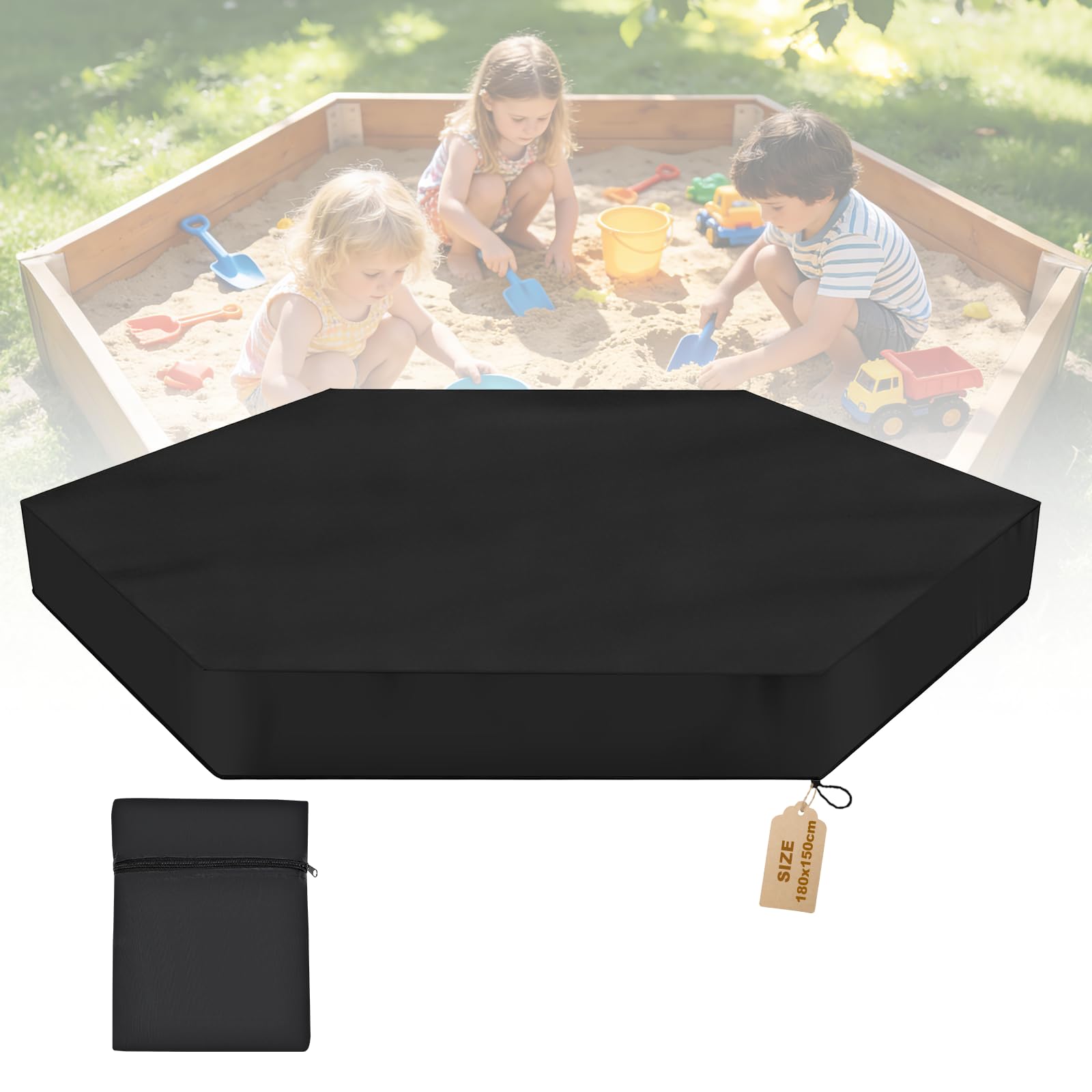 VTMJ Sandkasten Abdeckung 180 x 150cm, 210D Oxford Sandkastenabdeckung, Abdeckplane Sandkasten mit Gummizug Kordelzug und Aufbewahrungsbeutel, Wasserfeste Abdeckung für Sandkiste Pool Garten, Sechseck