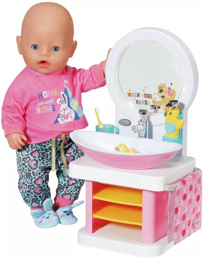 BABY born washbasin - Interactive doll sink with light and sound function - High-quality doll accessories - Includes toothbrush, toothbrush cup, soap dispenser and towel