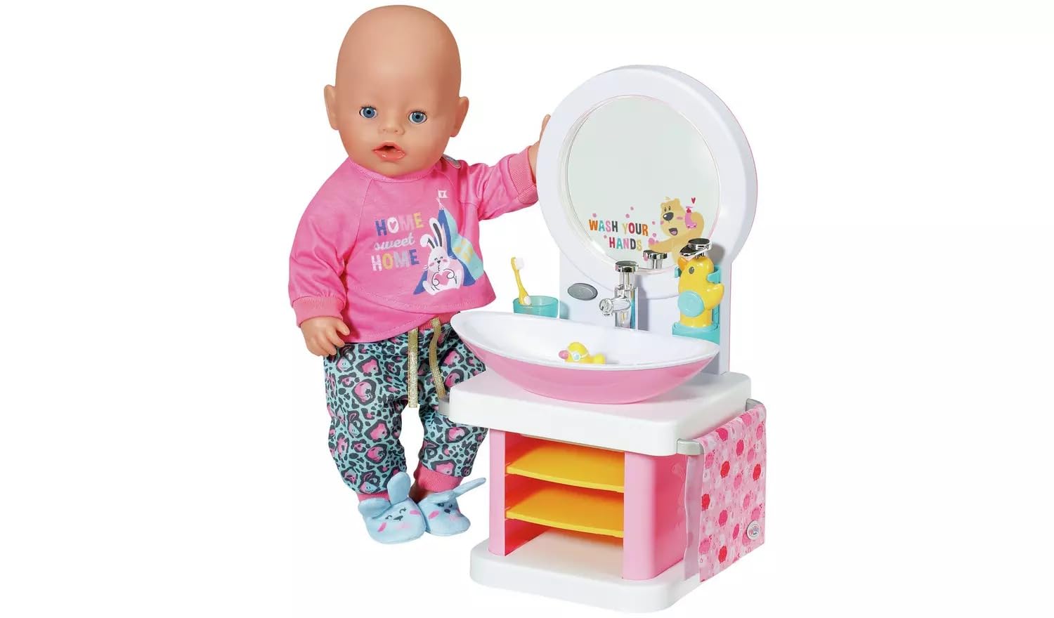 BABY born Umywalka łazienkowa, interaktywna umywalka dla lalek z funkcją oświetlenia i dźwięku, szczoteczka do zębów, kubek do mycia zębów, dozownik mydła i ręcznik, 832707 Zapf Creation