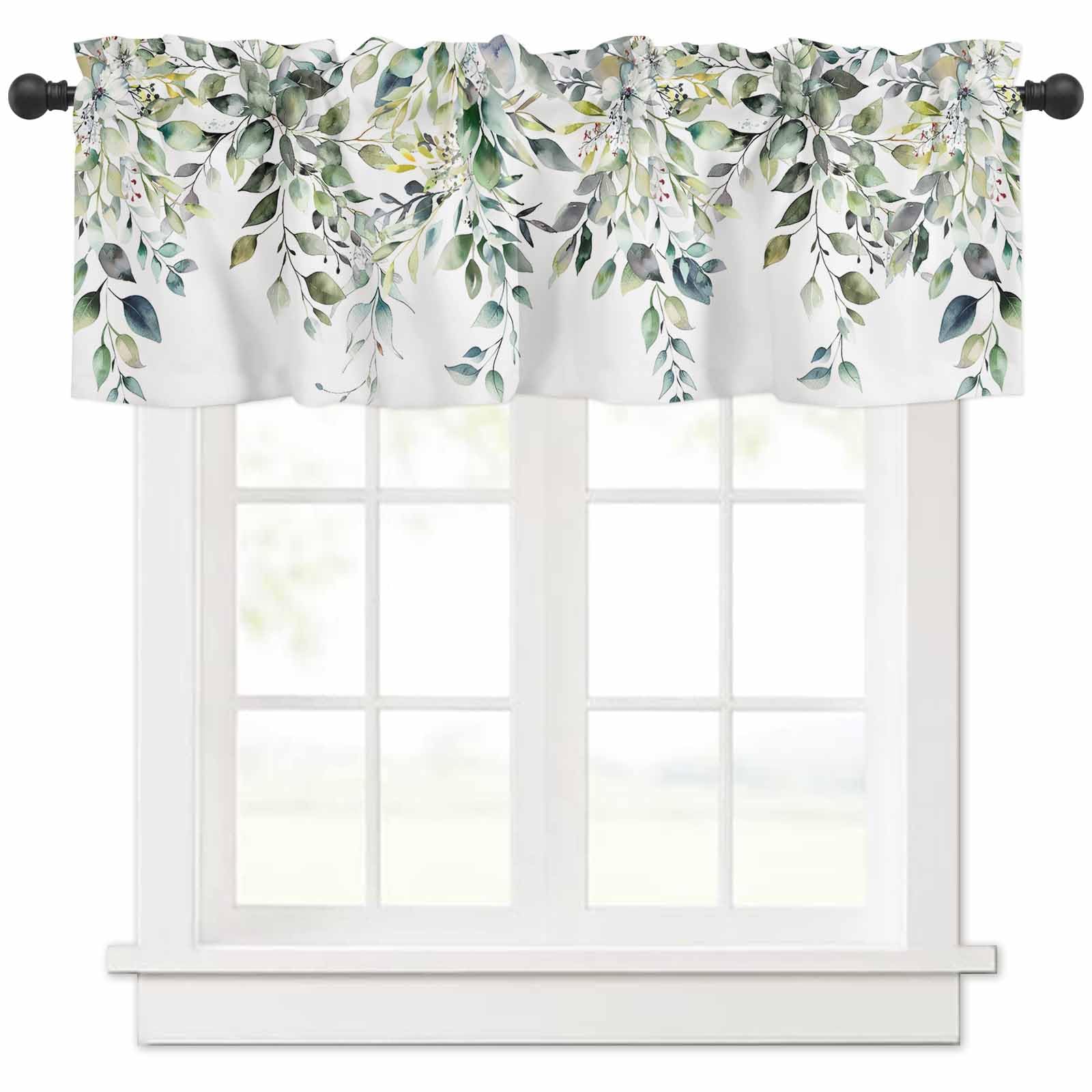 Spring Summer Curtain Valances for Windows Rod Pocket Decorative Window Treatments Watercolor Farmhouse Eucalyptus Leaves Green Valance Curtains