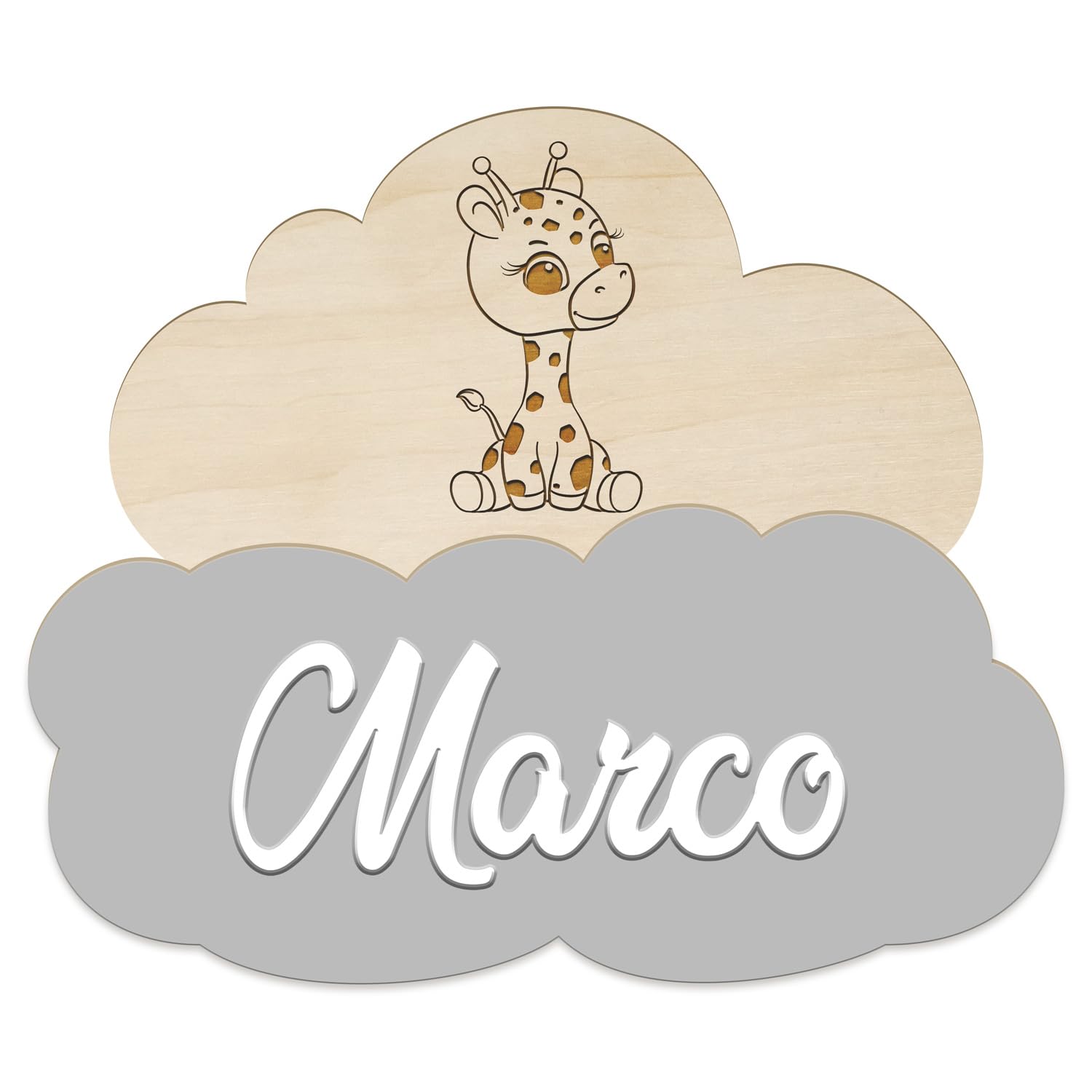 Nombre Decorativo Infantil de Madera Personalizado, forma de nube de 30x25cm, para decorar habitaciones, paredes y puertas. Regalo original para nacimientos, cumpleaños, comuniones y bautizos