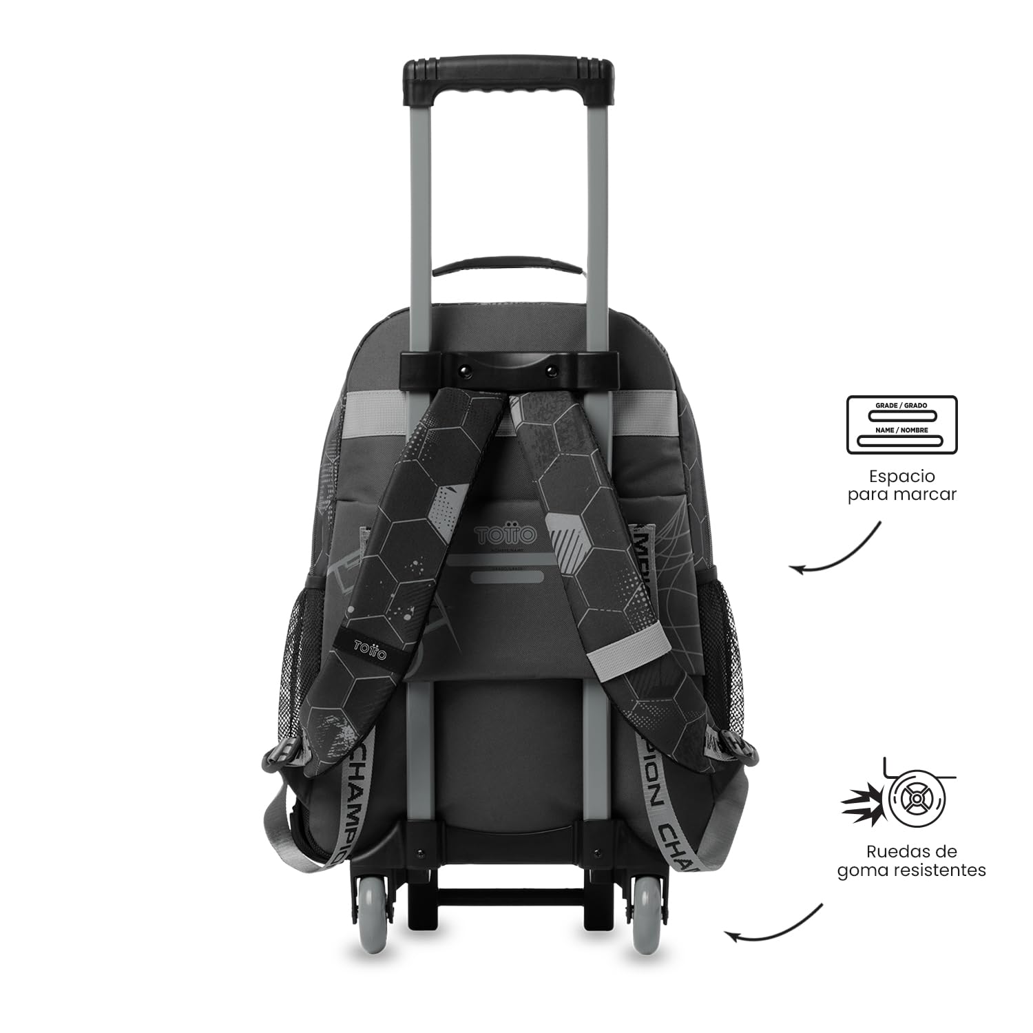 TOTTO - Mochila Escolar con Ruedas, Modelo Champion L, Mochila Grande, Capacidad 31 L, Bolsillos Botella, Compartimento Frontal, Protección en la Base, Correas Ajustables, Estampado Champion Gray