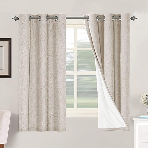 H.VERSAILTEX Primitive Linen Curtains 100% Blackout Curtain Drapes Burlap Curtains with White Thermal Insulated Liner, Grommet Top Drapes Living