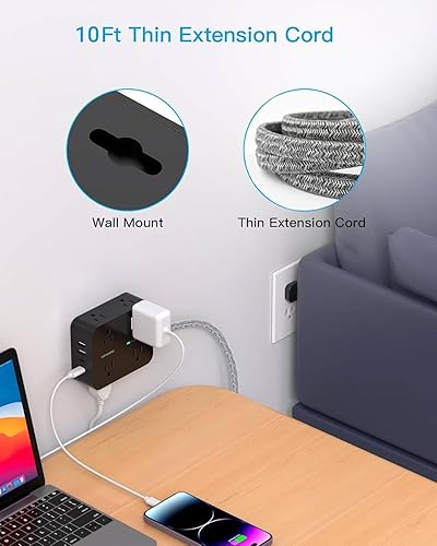 Vista 19 de HANYCONY - Cable protector de sobretensiones de 10 pies, cable de extensión con 2 puertos USB C, extensor de salida múltiple con enchufe plano
