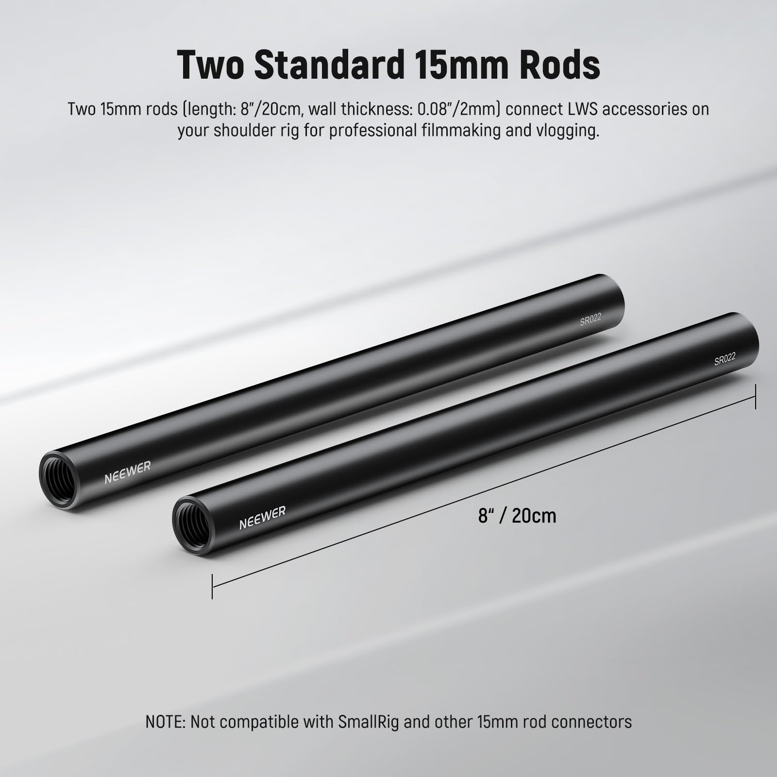 NEEWER Tige de 15mm (8"/20cm de Longue, Packs de 2), Tiges d'Extension Extensibles de 15mm en Alliage d'Aluminium pour Système de Rail de Tige LWS de 15mm, Plaque de Base de Plate-Forme Vidéo, SR022