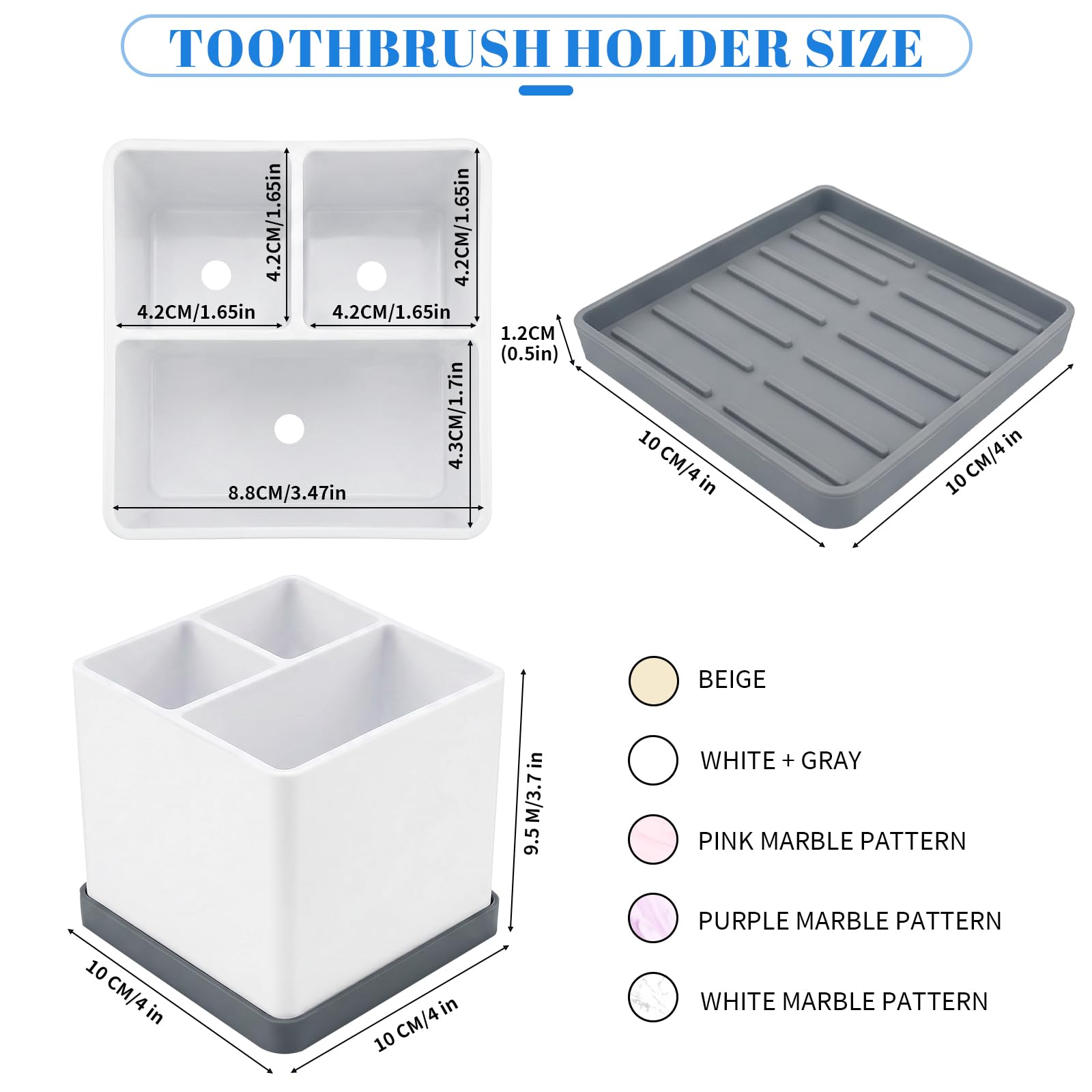 2Pcs Zahnbürstenhalter aus Silikon, 10x10x9cm 3-Fächer-Zahnbürstenhalter für das Badezimmer mit Abflusslöchern, mit herausnehmbarer Schale，Geeignet für Kosmetika und Bleistifte（Grau + Weiß）