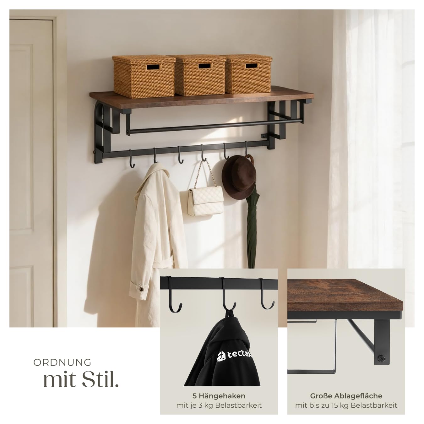 KADIMA DESIGN Wandgarderobe Design Wandgarderobe Mango Massivholz Metall 60x76x26 cm (Flurgarderobe Garderobe Wand Holz), Hakenleiste mit Ablage und Kleiderstange