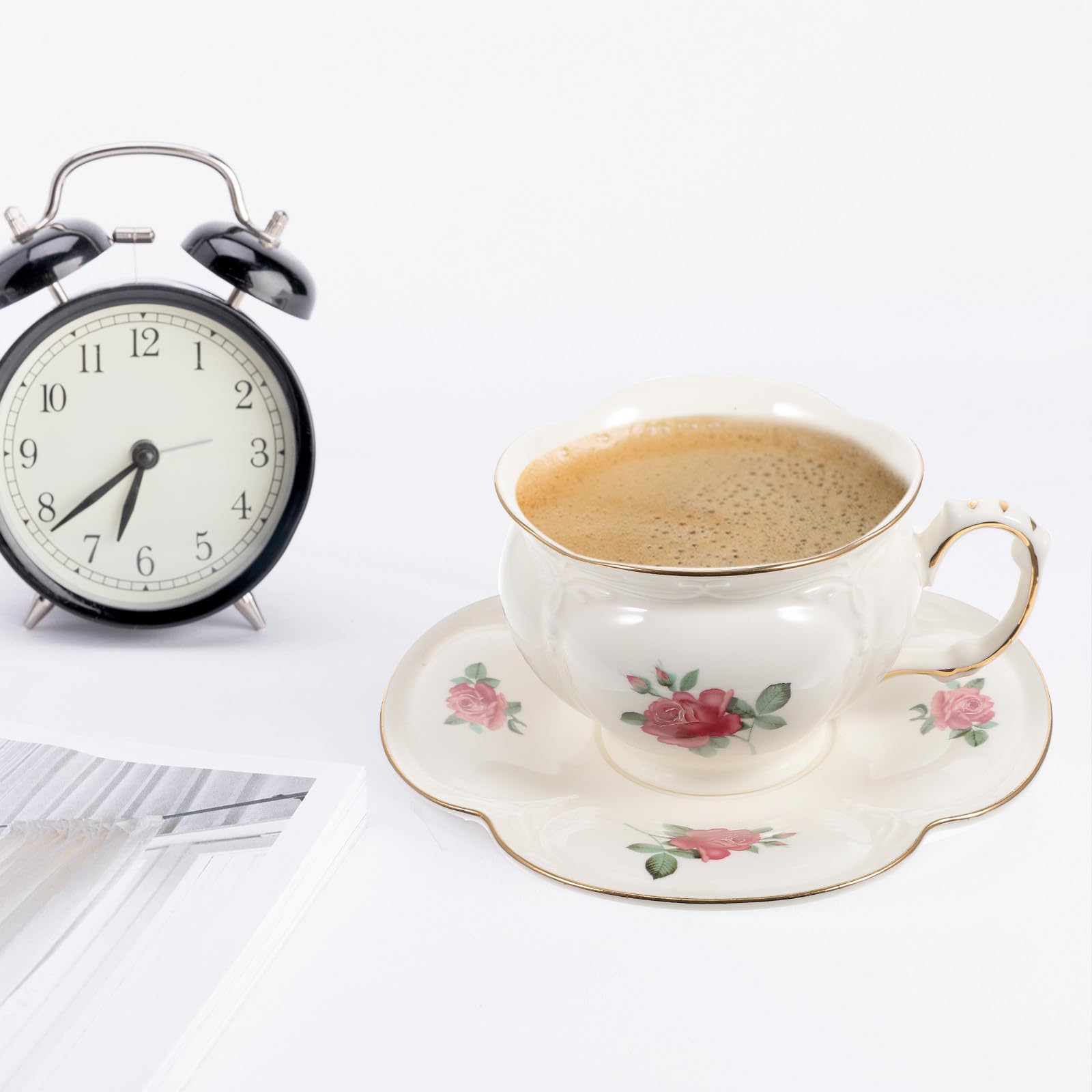 Juego de Taza de Café de Cerámica con Plato, Diseño Ergonómico, 1 Set | Curva Elegante, Apto para Hotel y Oficina, Taza Decorativa para Té Tarde, Uso Individual