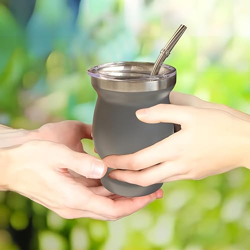 Miniatura 7 de Beruth Bombilla Yerba Mate Gourd, juego de tazas de té de acero inoxidable de 8 onzas con una tapa multifuncional, dos popotes y cepillos de