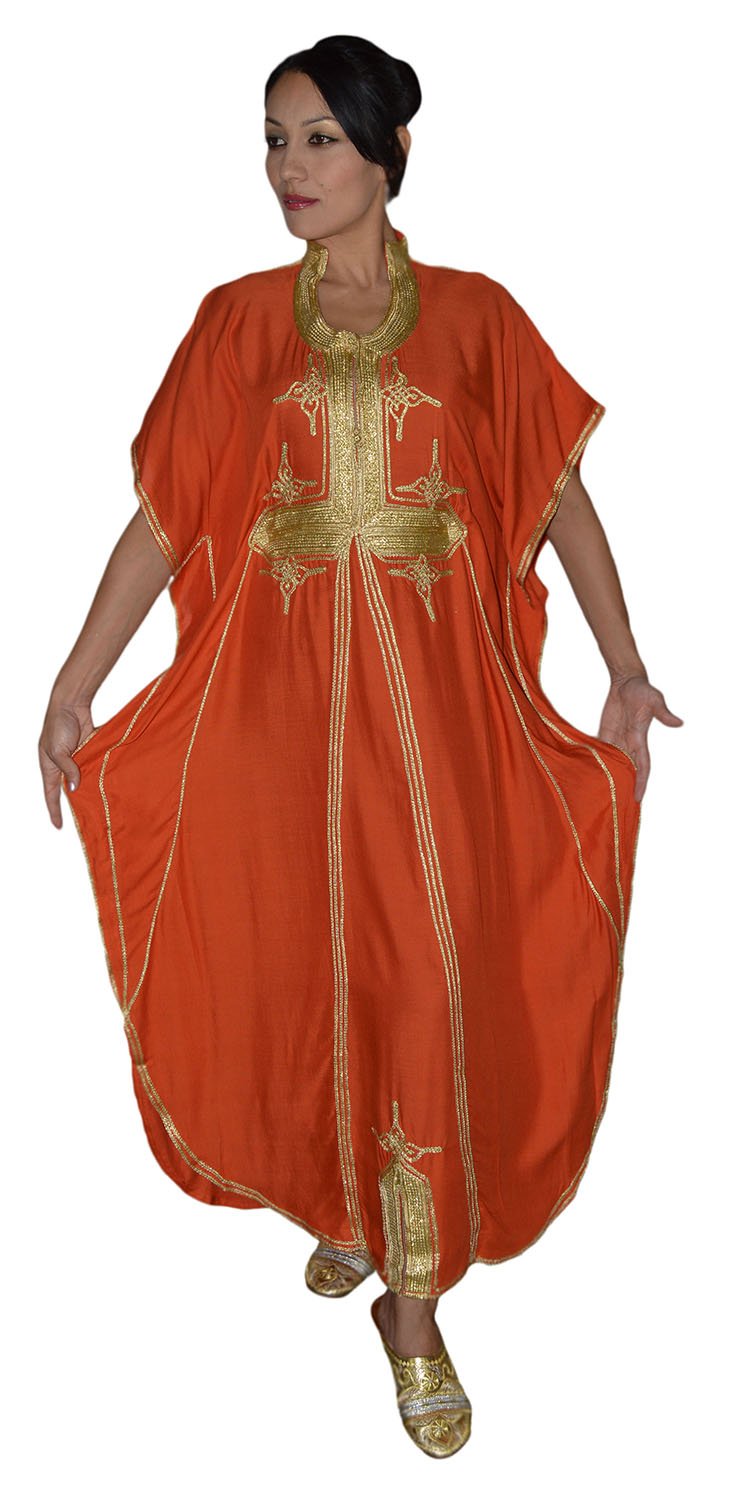Moroccan Caftan Hand Made Breathable Cotton with Gold Hand Embroidery Long Orange