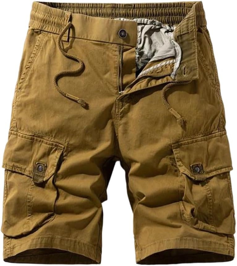 Men Summer American Style Loose Fit Straight Leg Knee Length Multi Pocket Slight Stretch Cargo Shorts