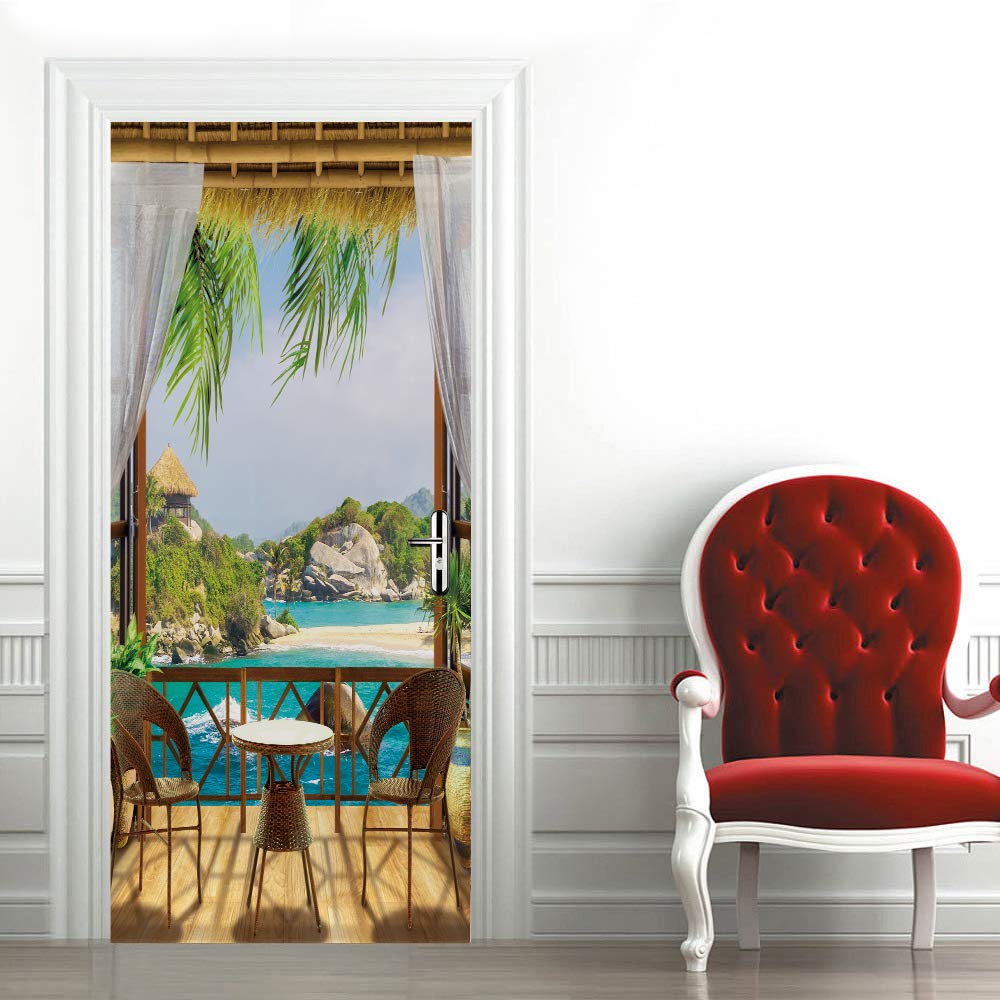 Papier peint porte trompe l'oeil adhésif 95x215 paysage naturel pour décoration murale de salon