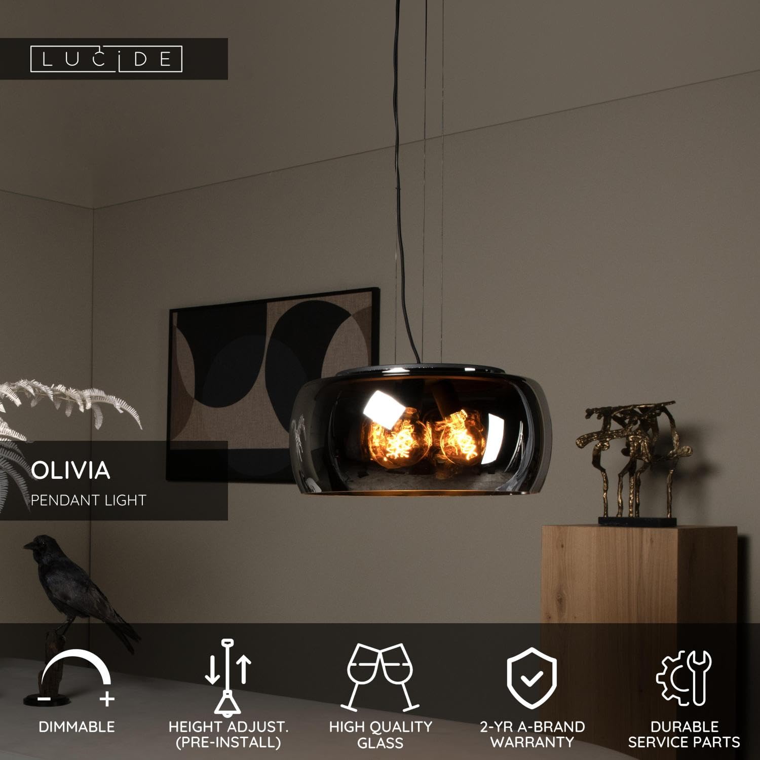 Lucide OLIVIA - Pendelleuchten - Ø 50 cm - 3xE27 - Rauchfarbe Grau