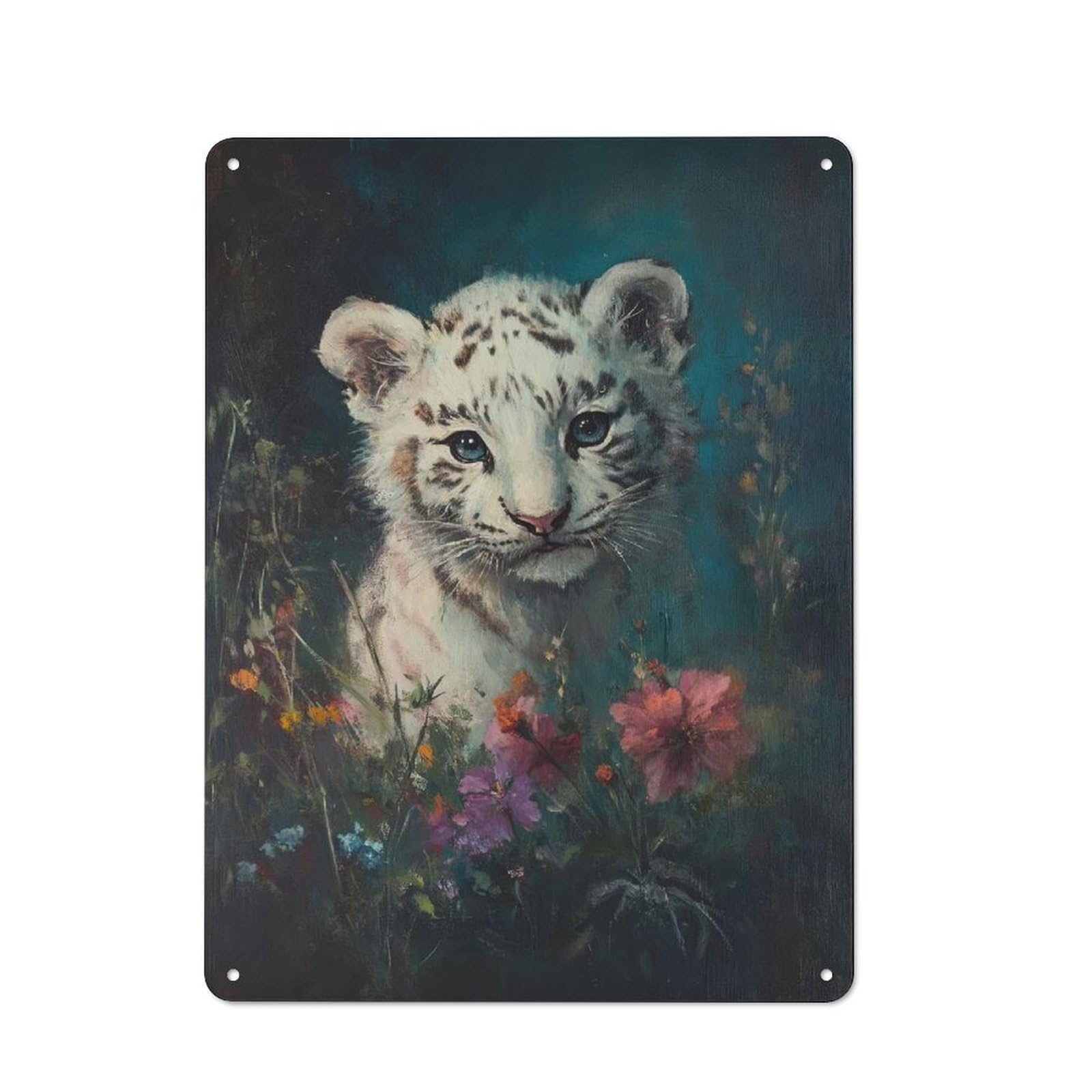 Junmoney White Tiger Cub In Flowers Shed Style Rustic Tin Sign 40X30cm Featuring Utility Space Decor For Conservatory, Home Bar Or Utility Room