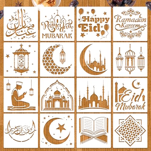 HOWAF Lot de 16 pochoirs réutilisables en plastique pour l'Aïd Mubarak, décorations de l'Aïd musulmane pour maison, fenêtre, décoration murale