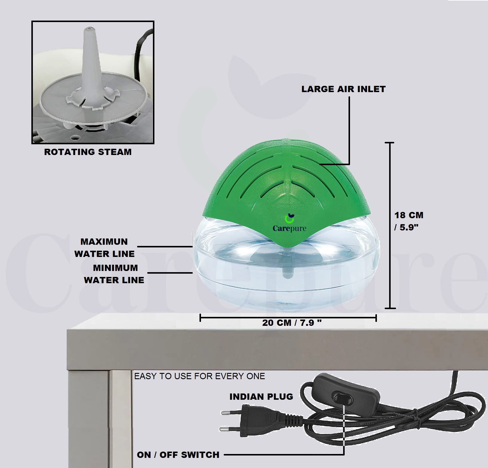 Carepure Water base Air Purifier and Revitliser | Aroma Diffuser Air Revitalizer with Monochrome Light (Leaf Shape) (Green)