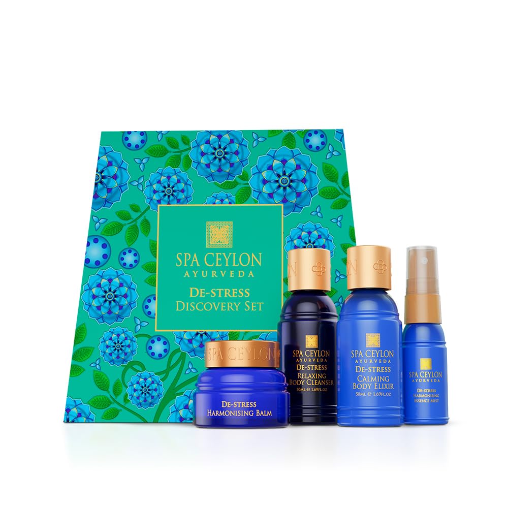 Spa Ceylon De-stress Discovery Set | Ayurvedic Spa Kit for Body | Travel Size Gift set | Frankincense | Body Cleanser 50ml, Body Lotion 50ml, Body Mist 20ml, Balm 8g | Organic | Gift Set